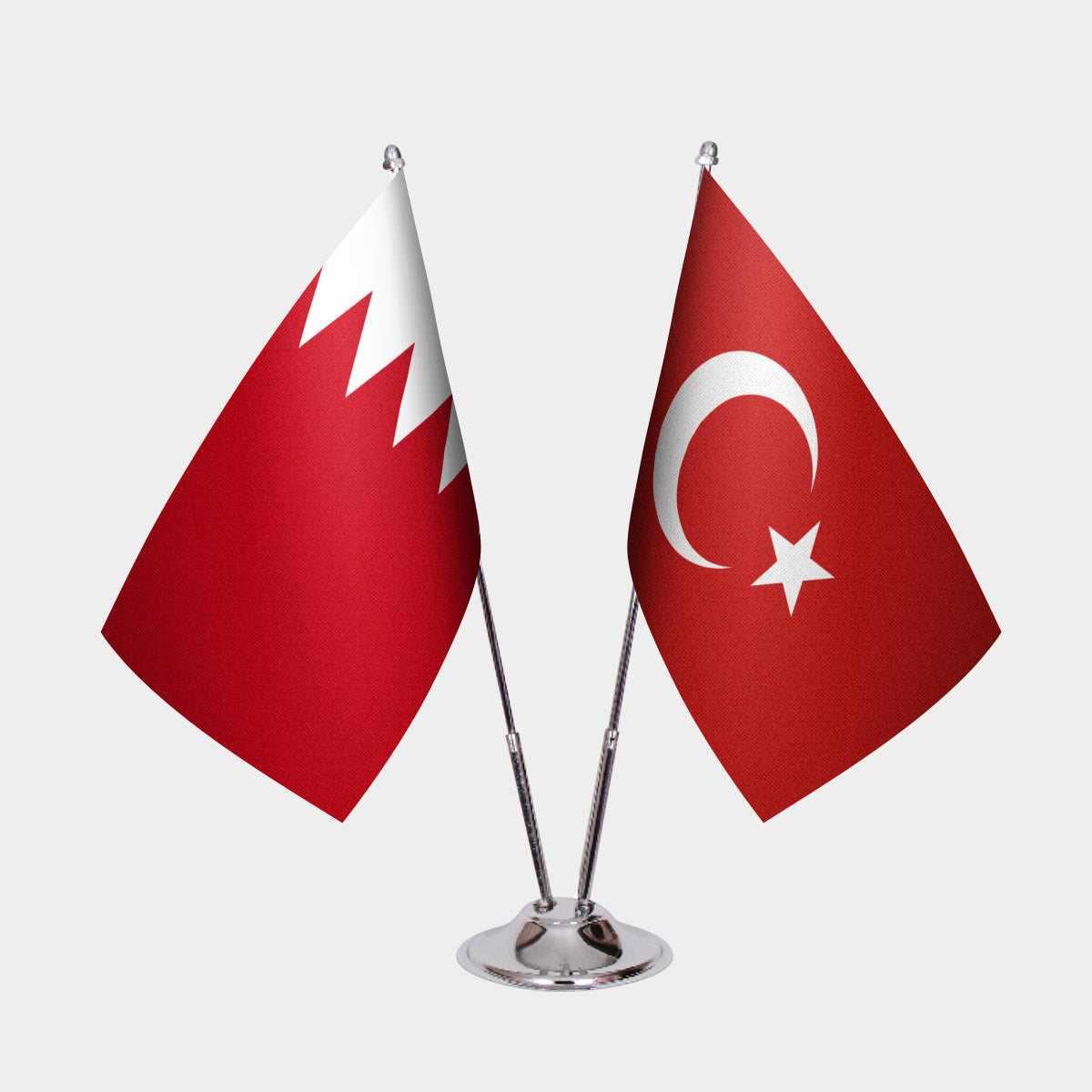 Bahrain and Turkey desk flag set with chrome pole and base