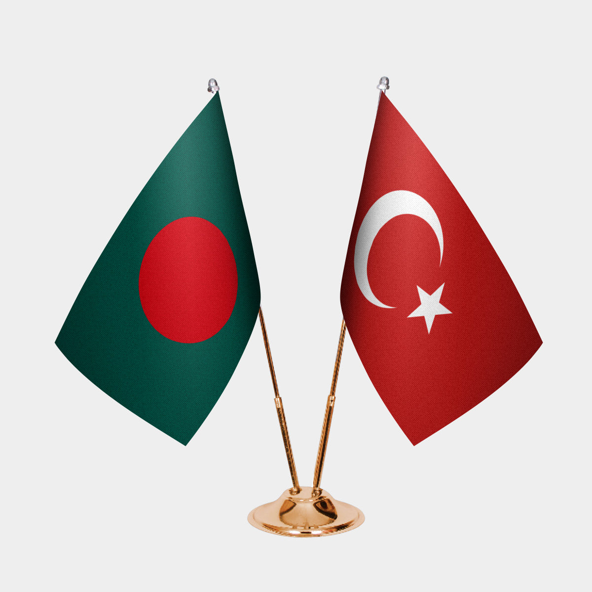 Bangladesh and Turkey desk flag set with gold pole and base
