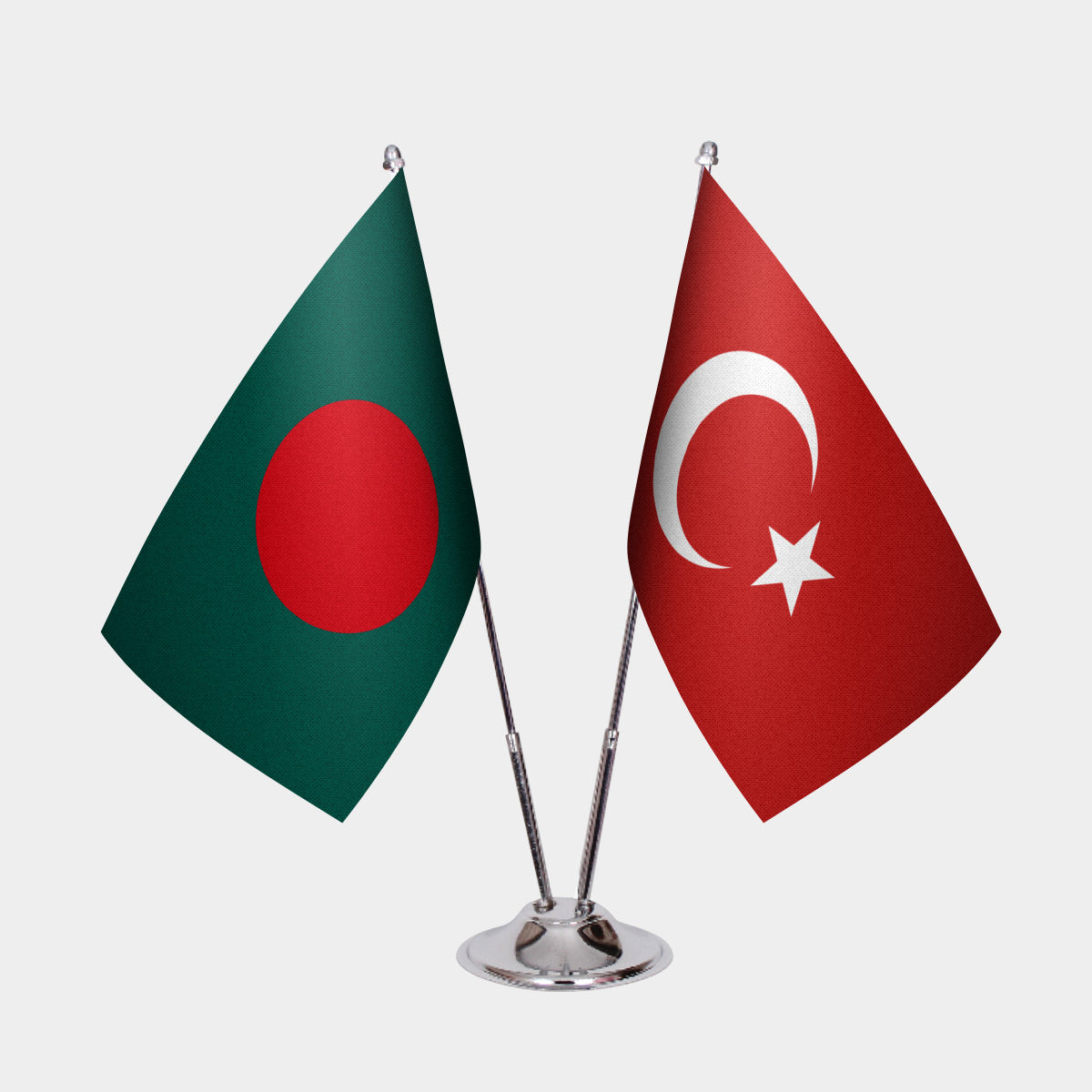 Bangladesh and Turkey desk flag set with chrome pole and base