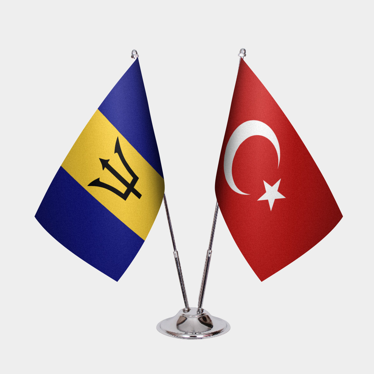 Barbados and Turkey desk flag set with chrome pole and base