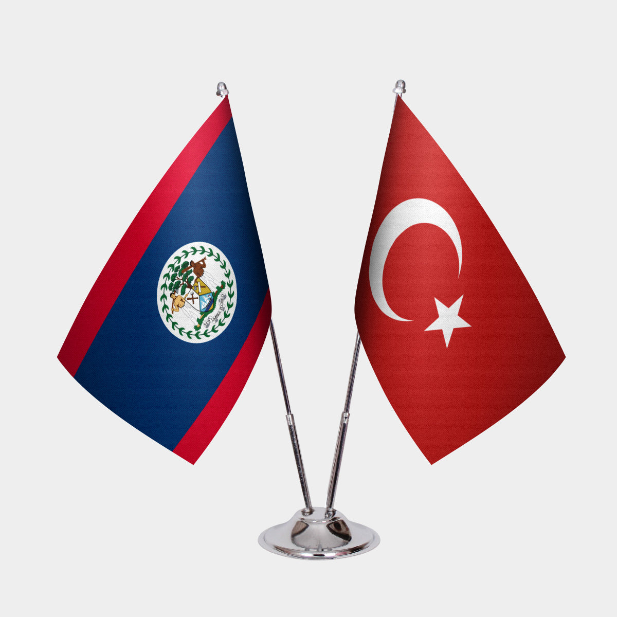 Belize and Turkey desk flag set with chrome pole and base