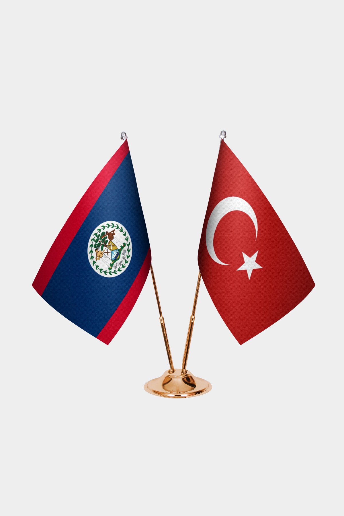 Belize and Turkey desk flag set with gold pole and base