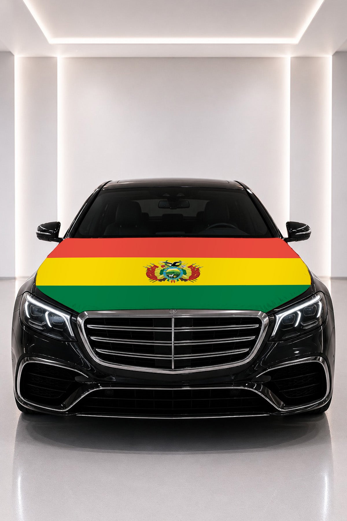 Bolivia flag car hood cover fitted on a black car bonnet