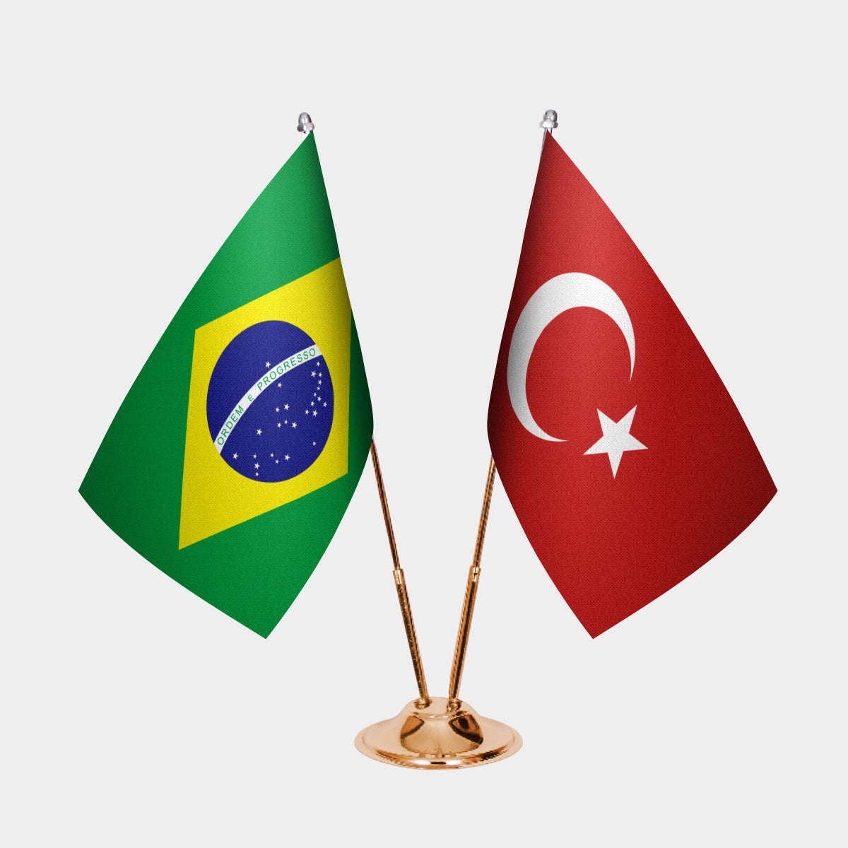 Brazil and Turkey desk flag set with gold pole and base