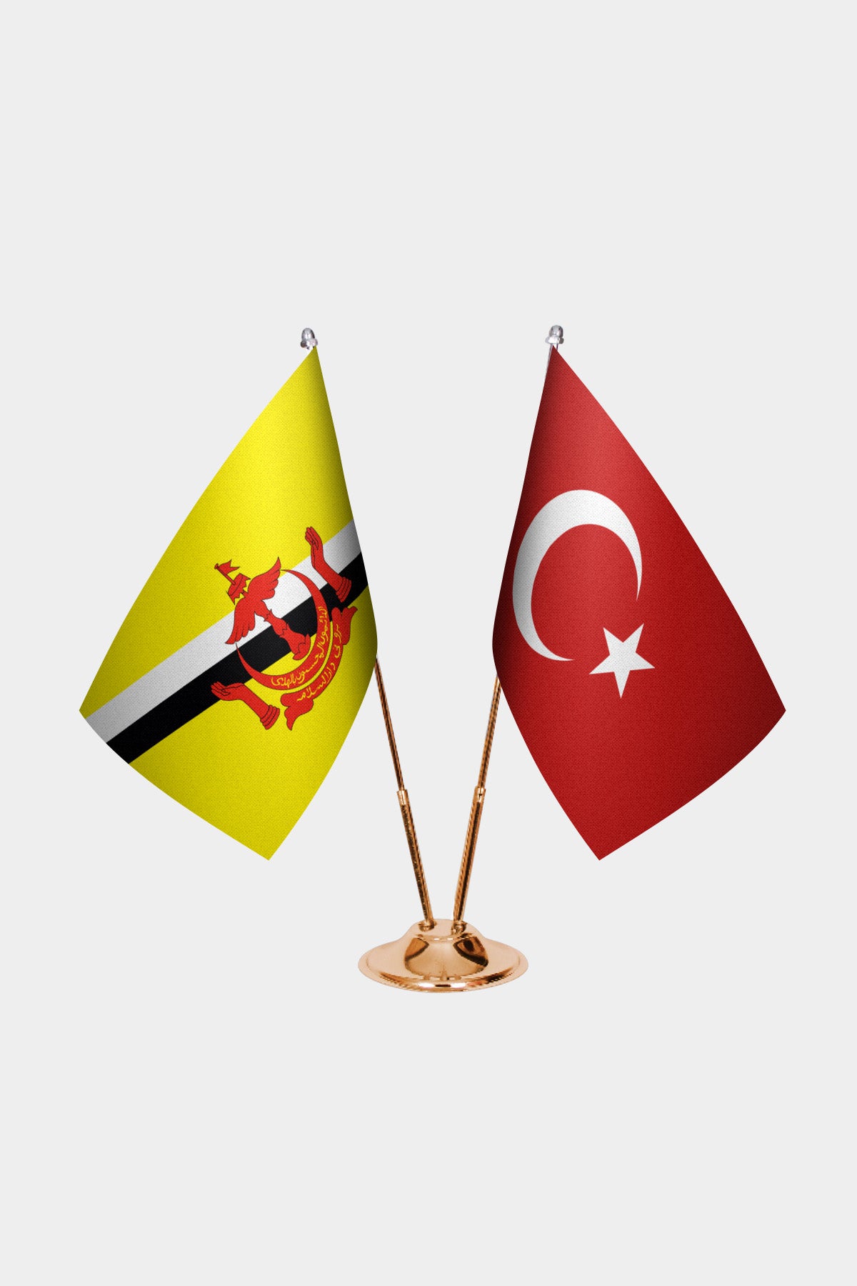 Brunei and Turkey desk flag set with gold pole and base