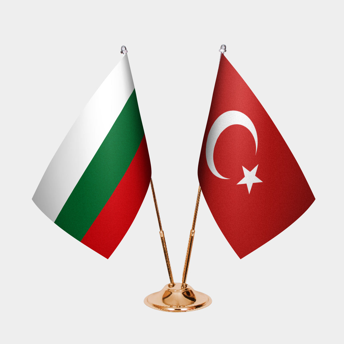 Bulgaria and Turkey desk flag set with gold pole and base