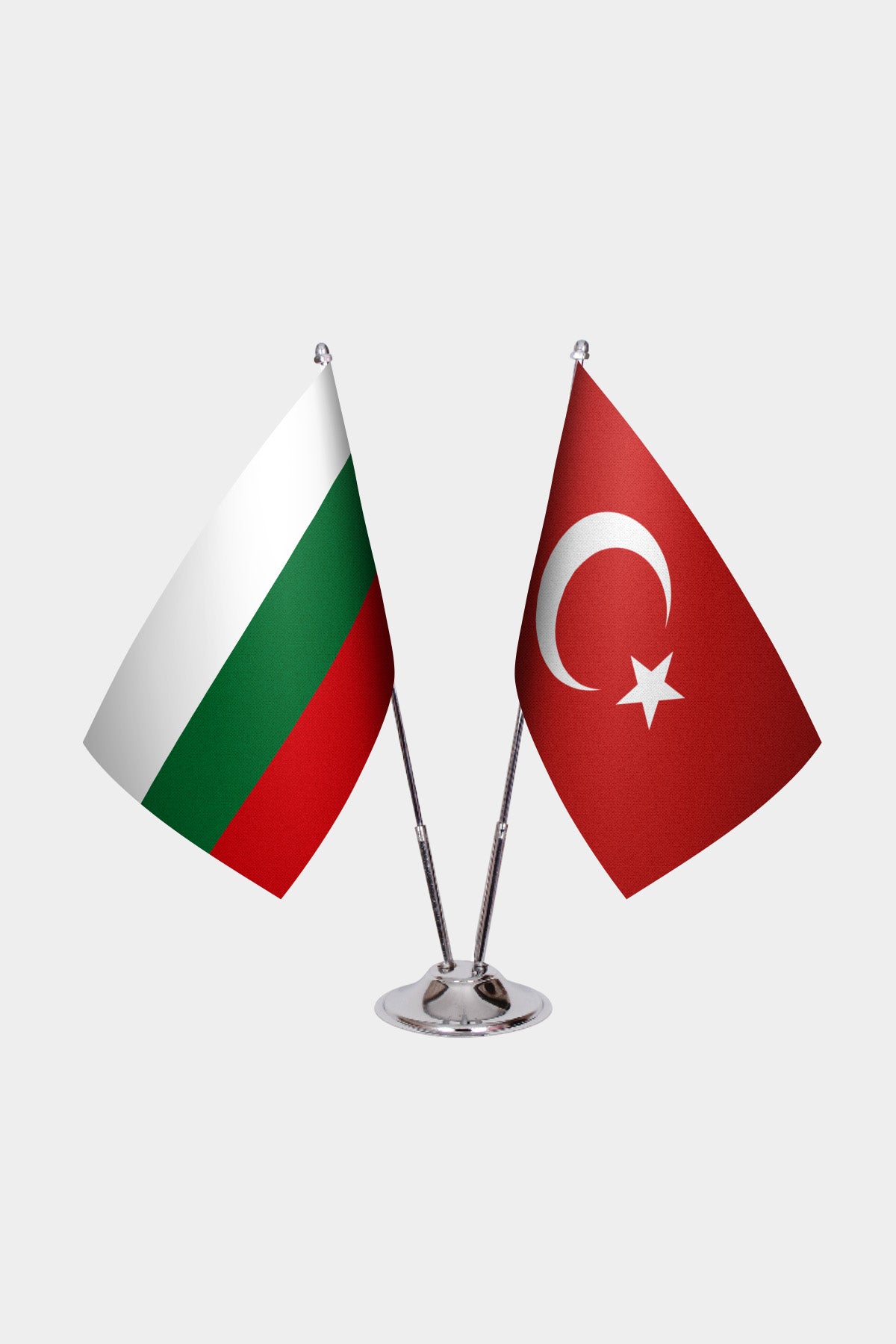Bulgaria and Turkey desk flag set with chrome pole and base