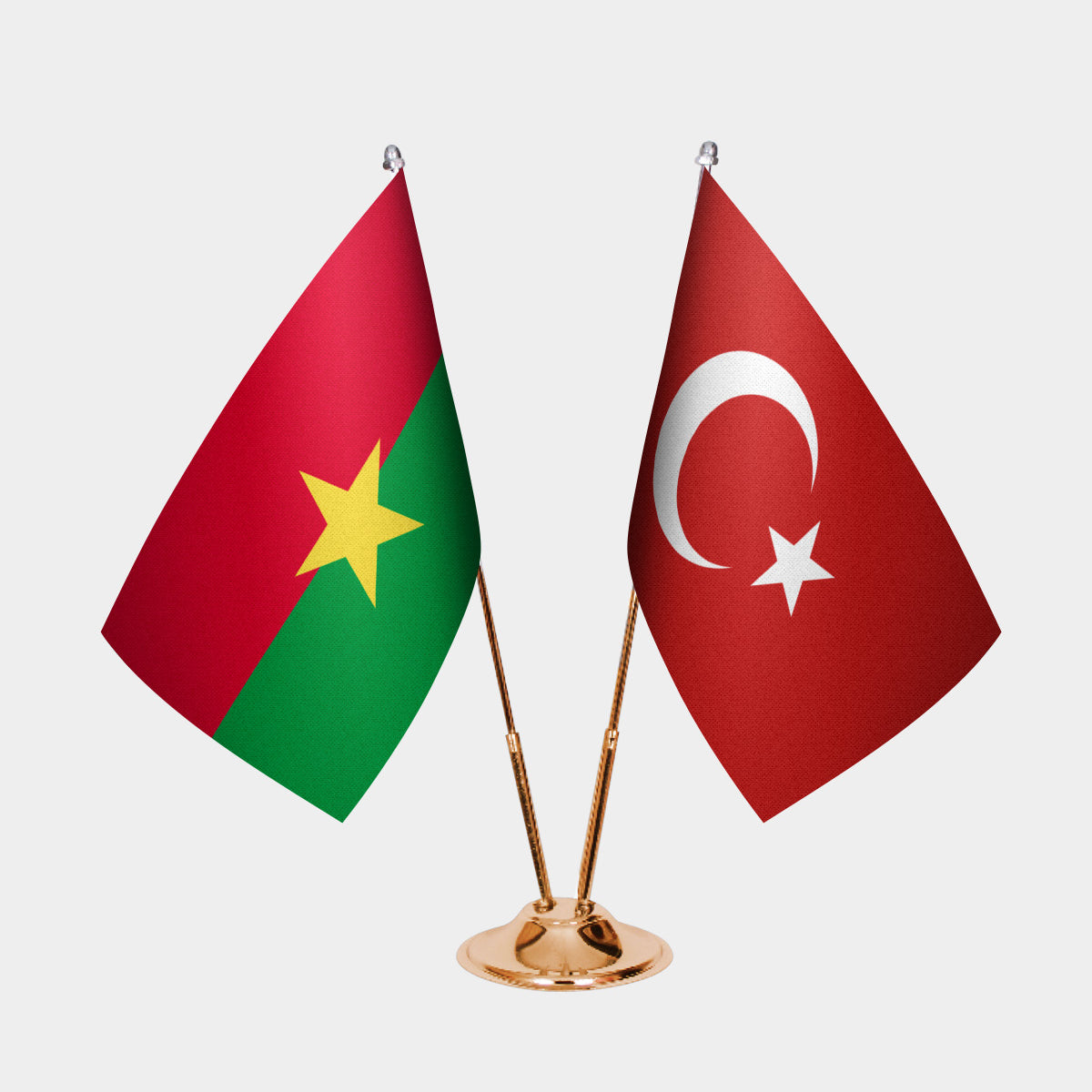 Burkina Faso and Turkey desk flag set with gold pole and base
