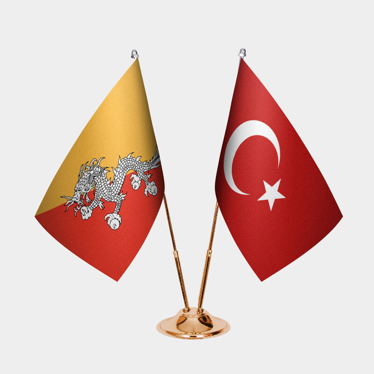 Bhutan and Turkey desk flag set with gold pole and base