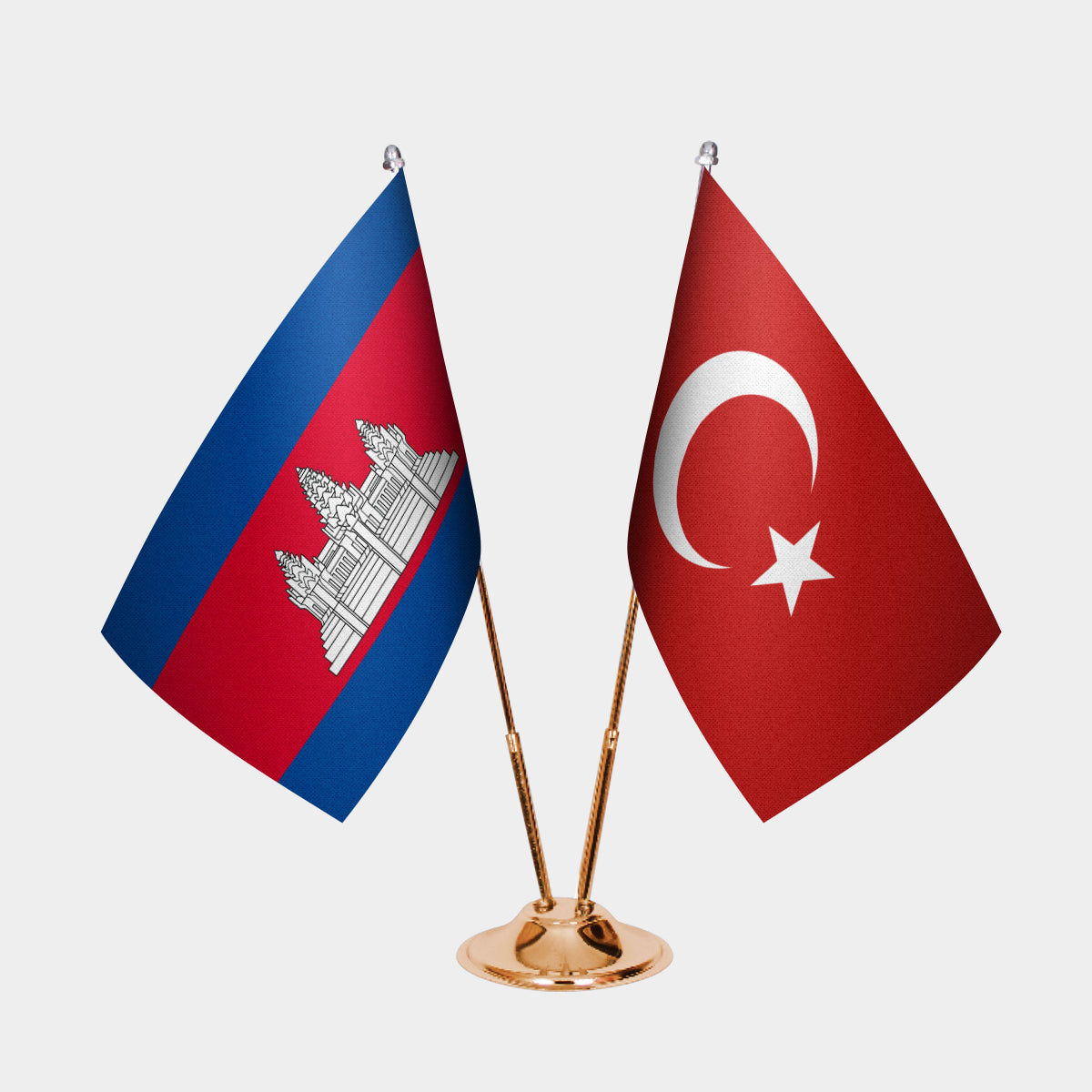 Cambodia and Turkey desk flag set with gold pole and base