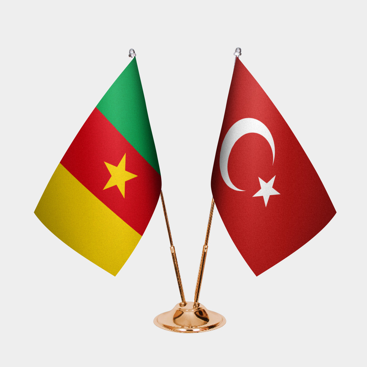 Cameroon and Turkey desk flag set with gold pole and base