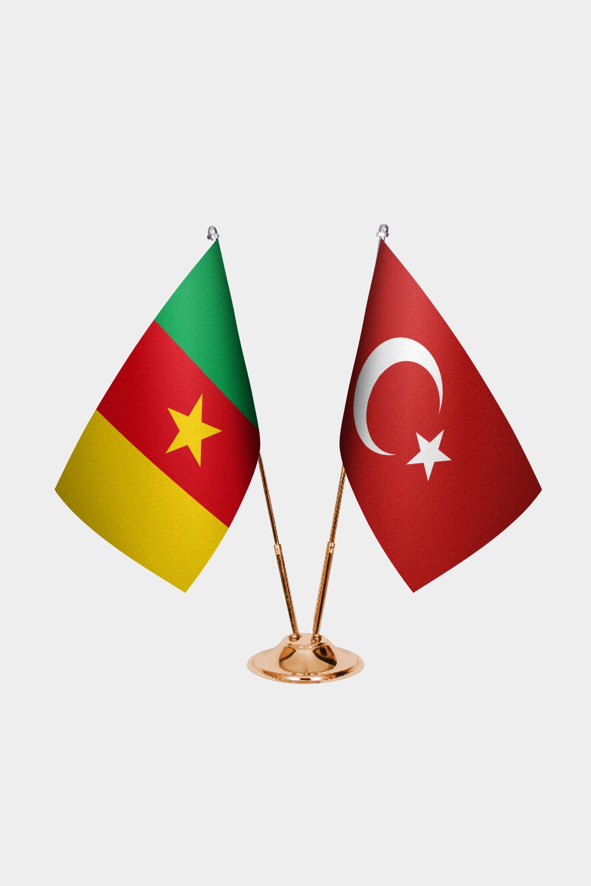 Cameroon and Turkey desk flag set with gold pole and base