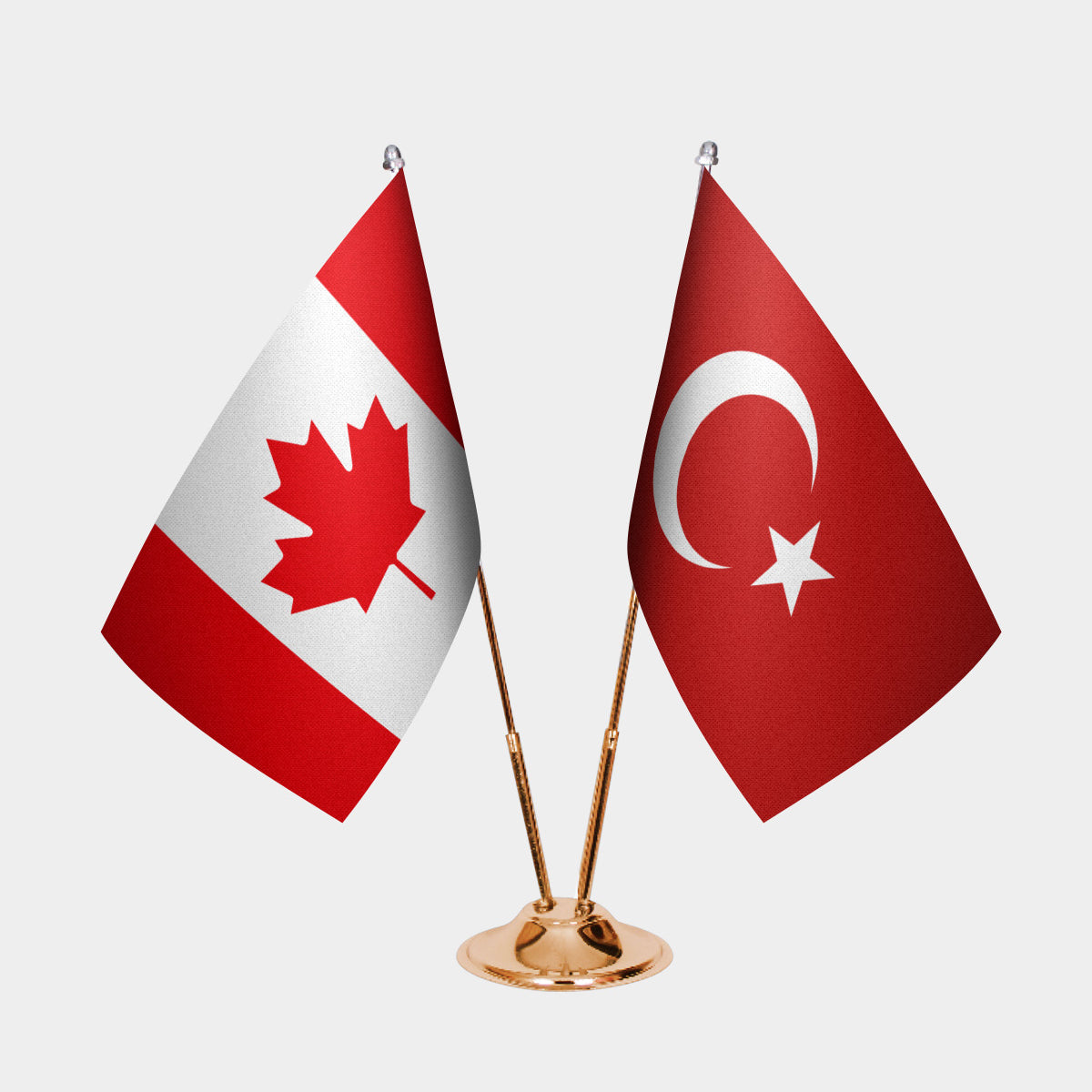 Canada and Turkey desk flag set with gold pole and base