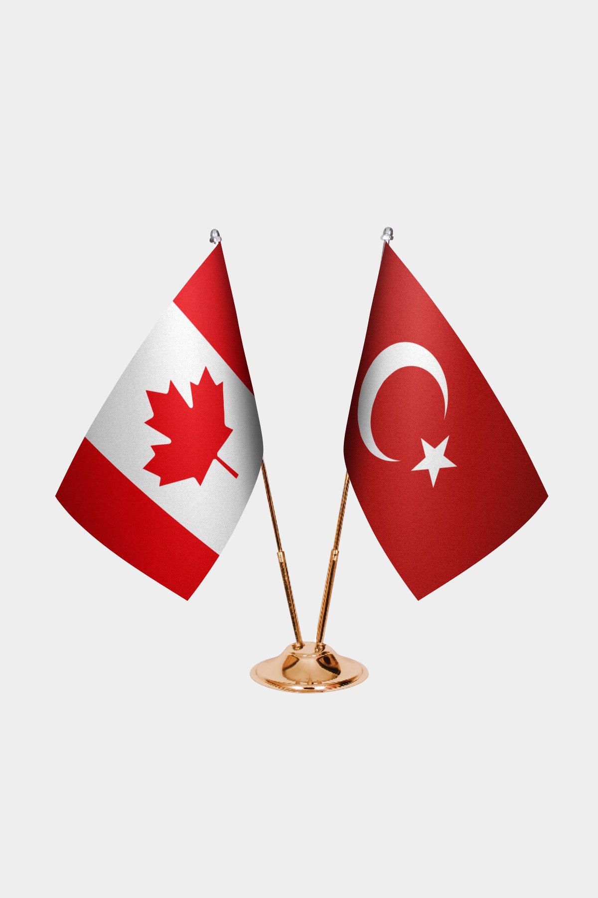Canada and Turkey desk flag set with gold pole and base