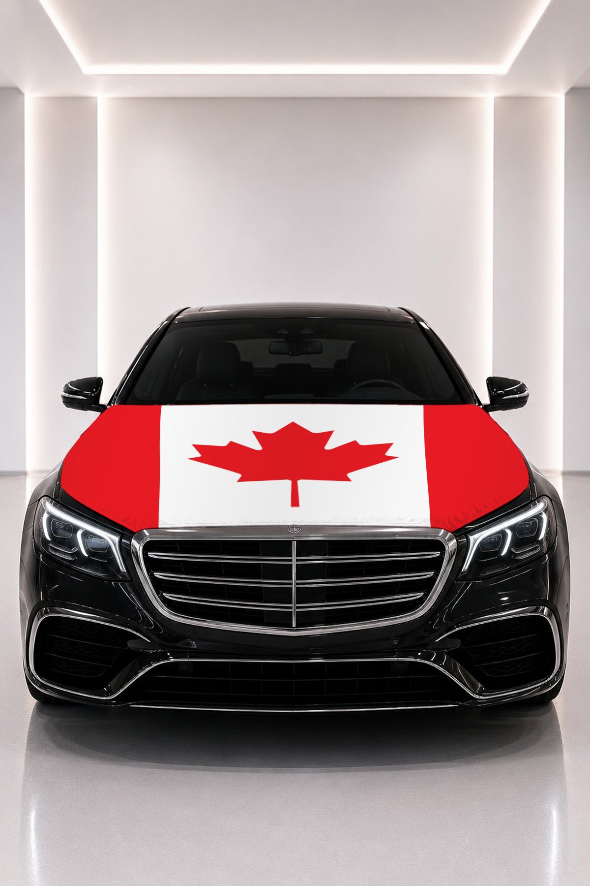 Canada flag car hood cover fitted on a black car bonnet