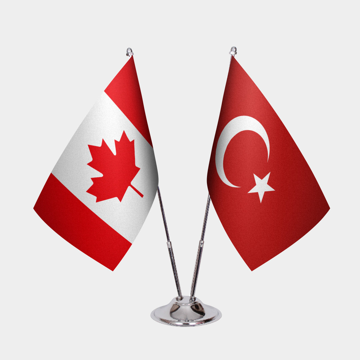 Canada and Turkey desk flag set with chrome pole and base