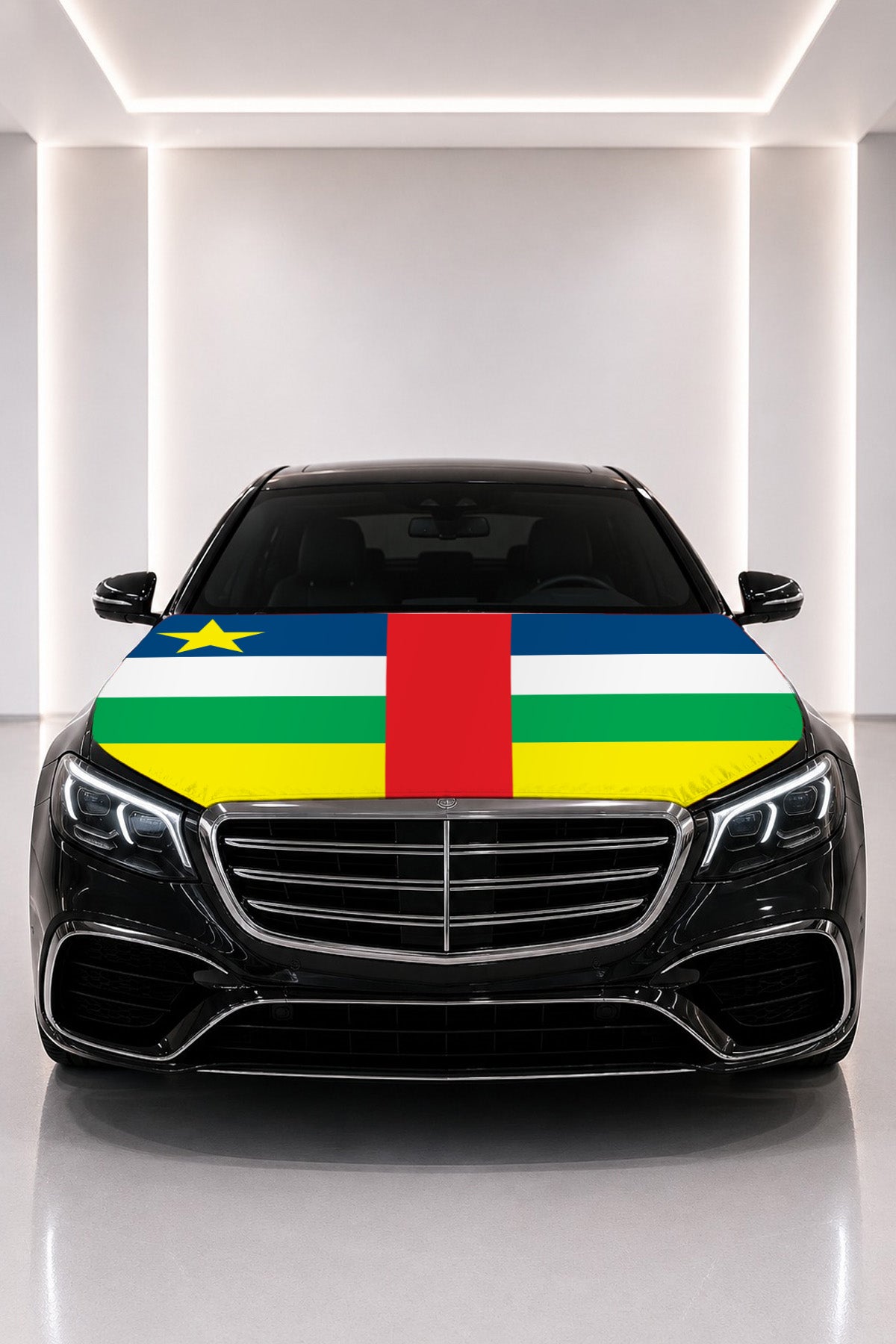 Central African Republic flag car hood cover fitted on a black car bonnet