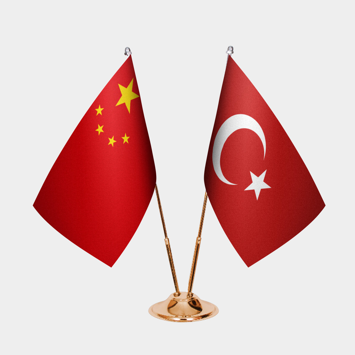 China and Turkey desk flag set with gold pole and base