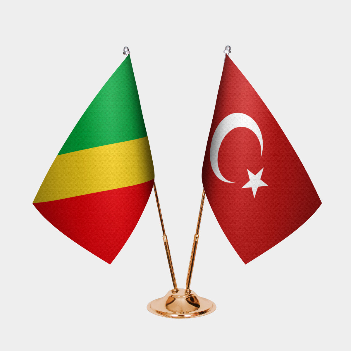 Congo - Brazzaville and Turkey desk flag set with gold pole and base