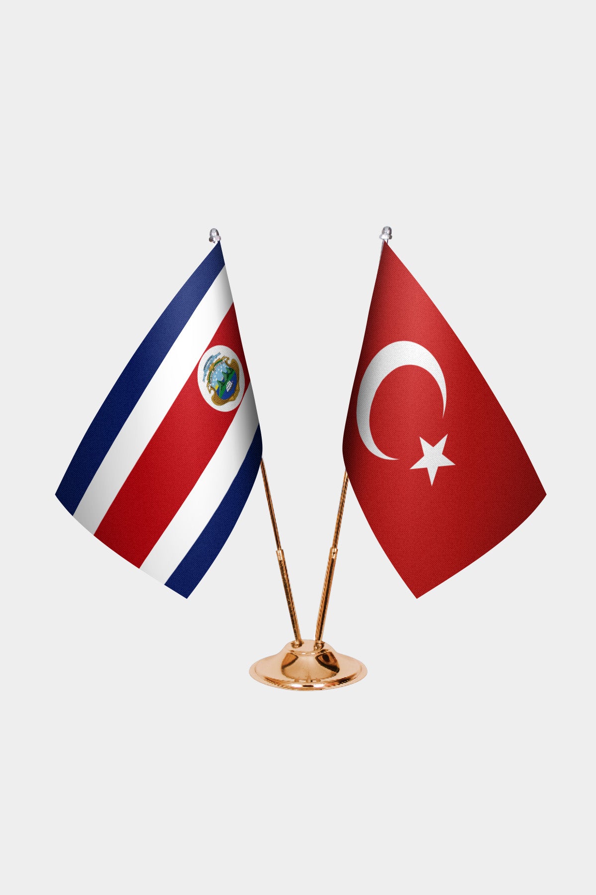 Costa Rica and Turkey desk flag set with gold pole and base
