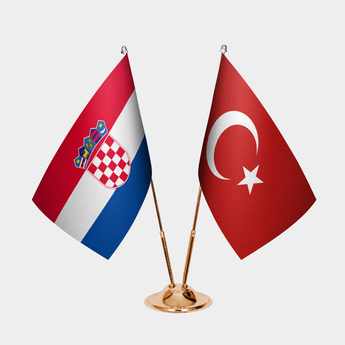 Croatia and Turkey desk flag set with gold pole and base