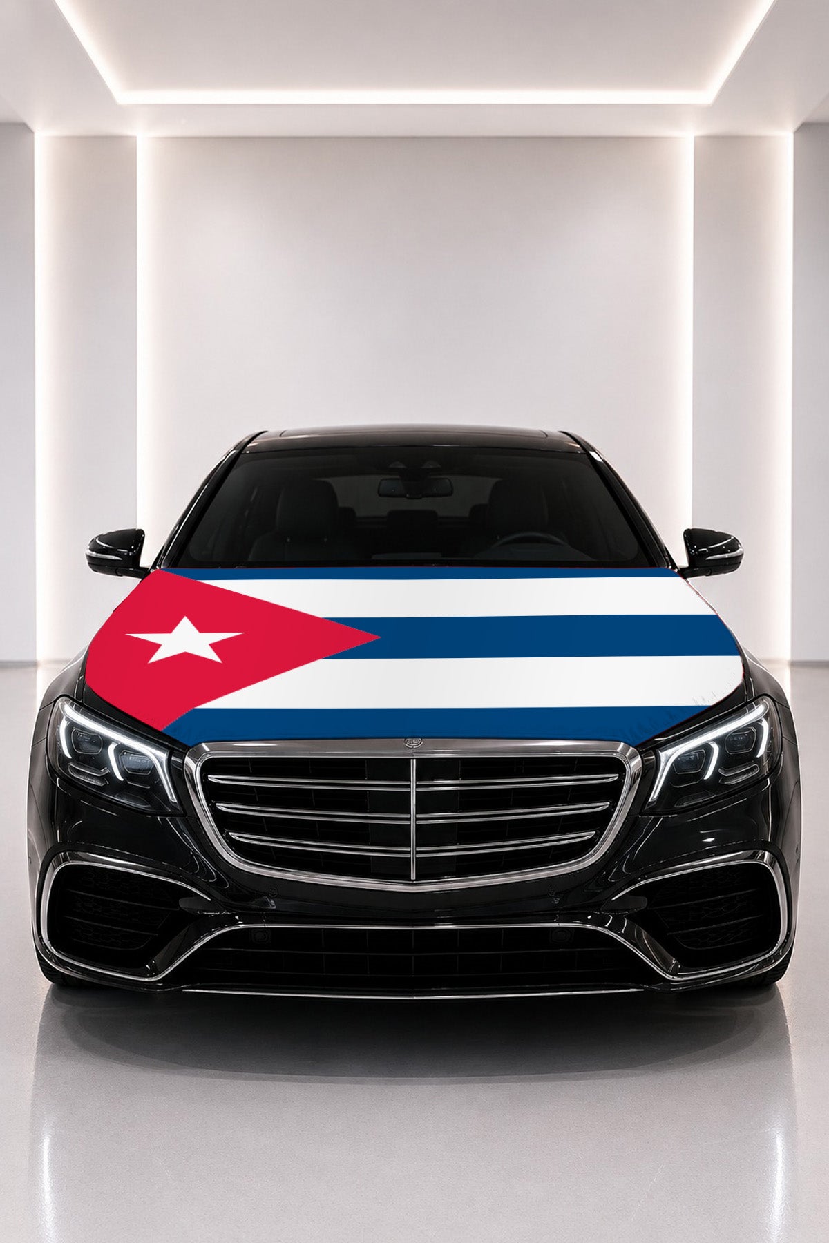 Cuba flag car hood cover fitted on a black car bonnet