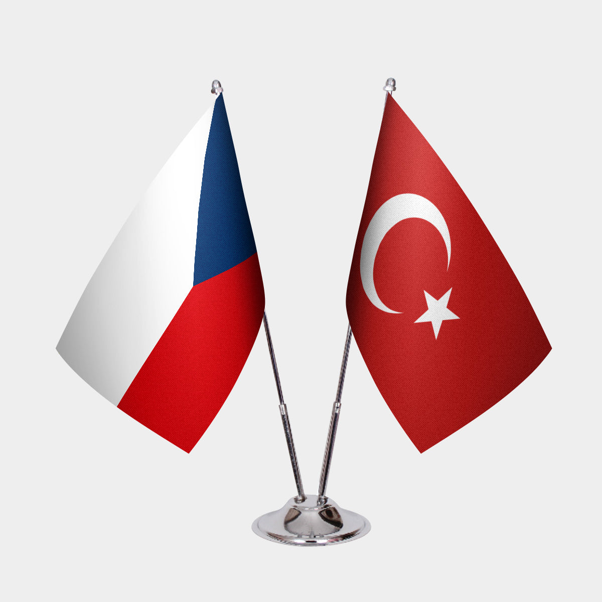 Czech Republic and Turkey desk flag set with chrome pole and base