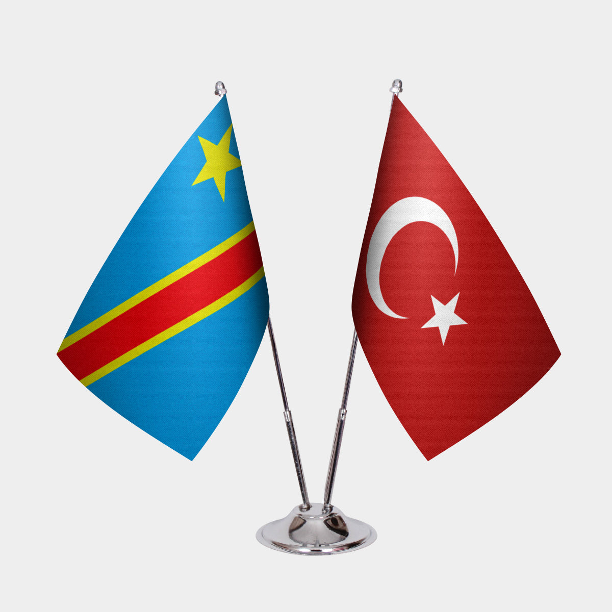 Congo - Kinshasa and Turkey desk flag set with chrome pole and base