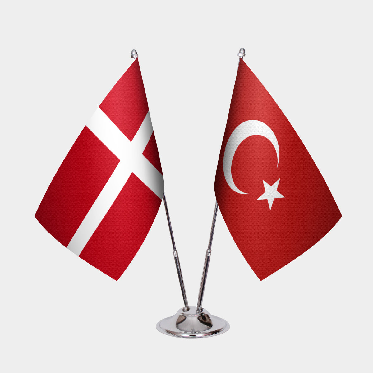 Denmark and Turkey desk flag set with chrome pole and base