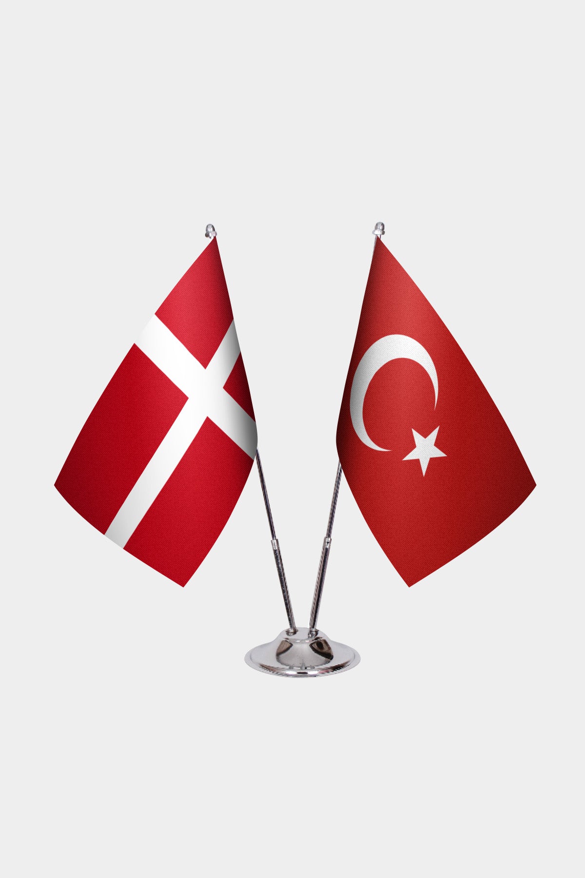 Denmark and Turkey desk flag set with chrome pole and base