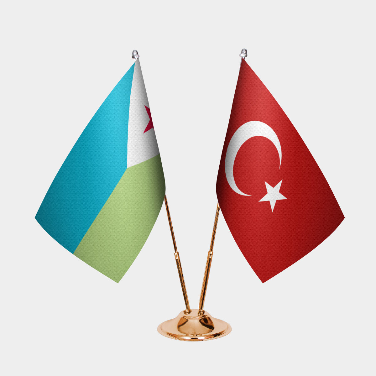 Djibouti and Turkey desk flag set with gold pole and base