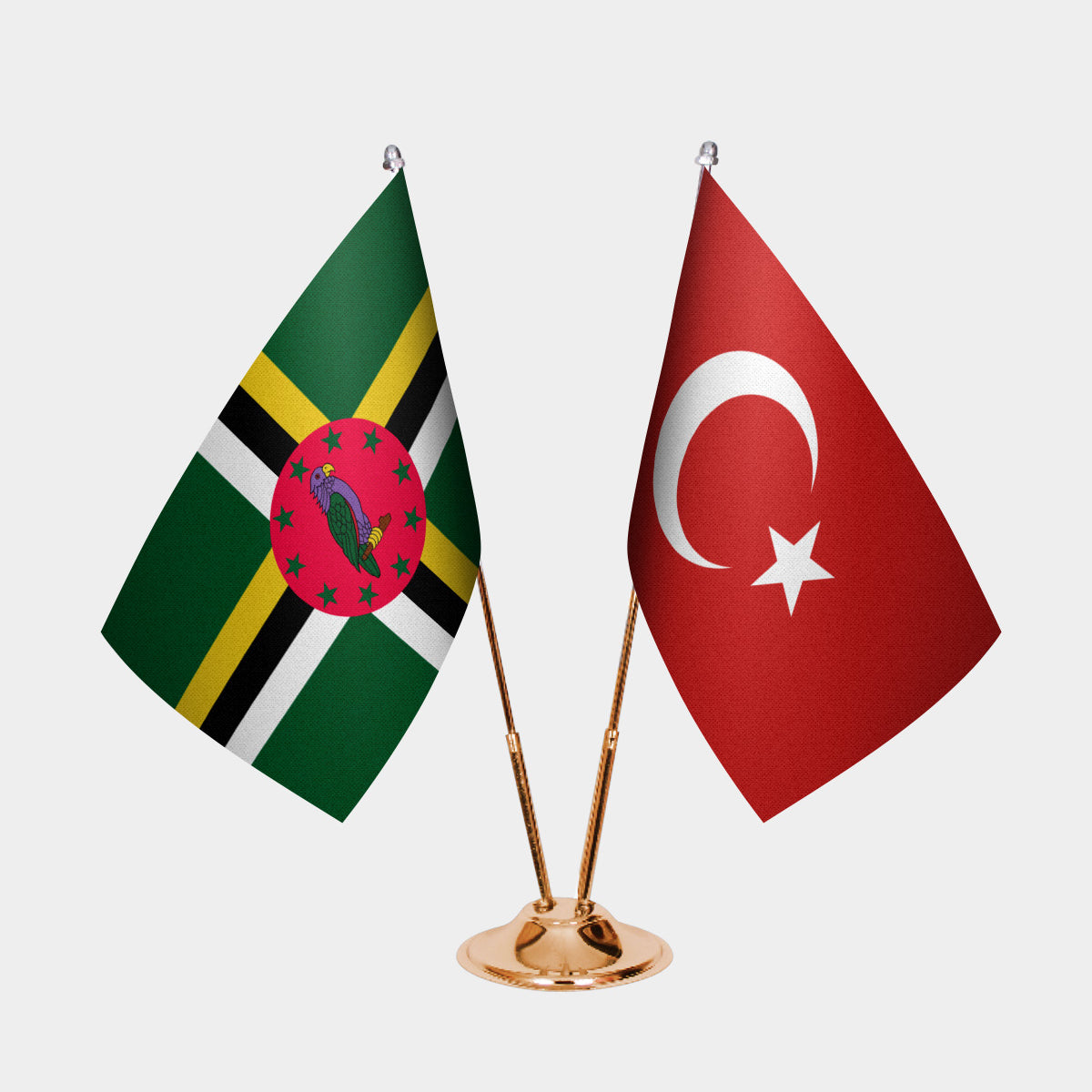 Dominica and Turkey desk flag set with gold pole and base