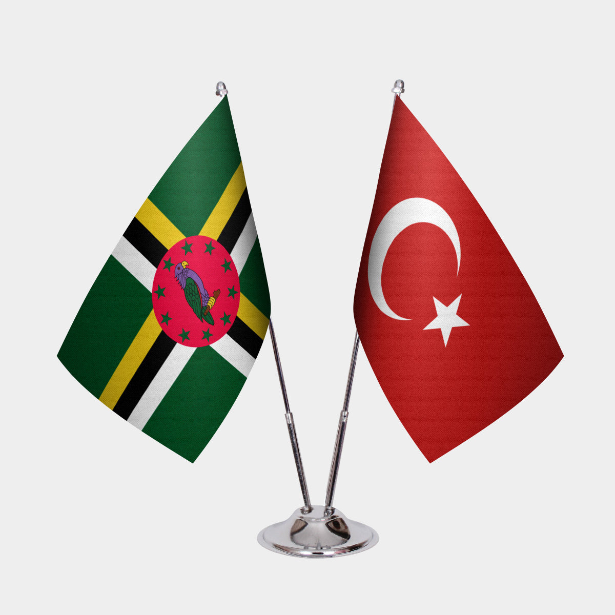 Dominica and Turkey desk flag set with chrome pole and base