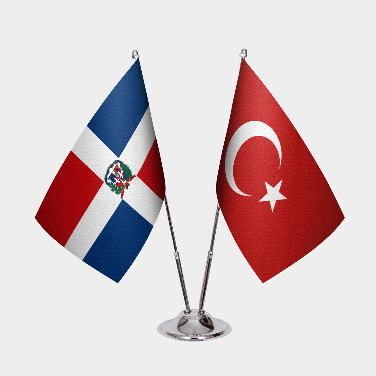 Dominican Republic and Turkey desk flag set with chrome pole and base