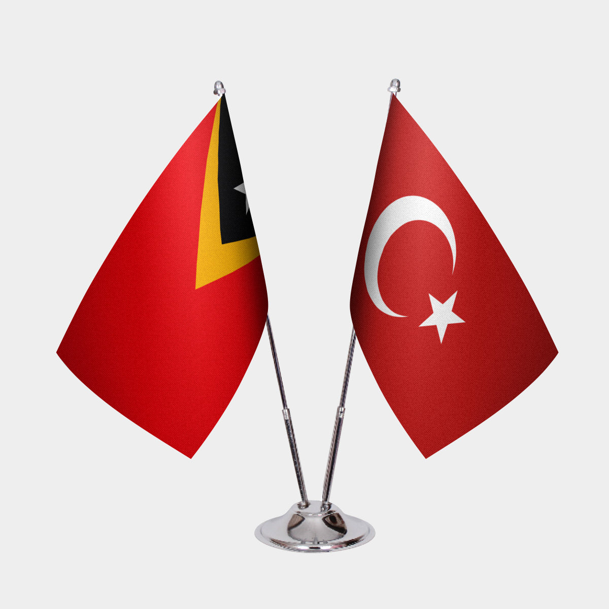 Timor-Leste and Turkey desk flag set with chrome pole and base