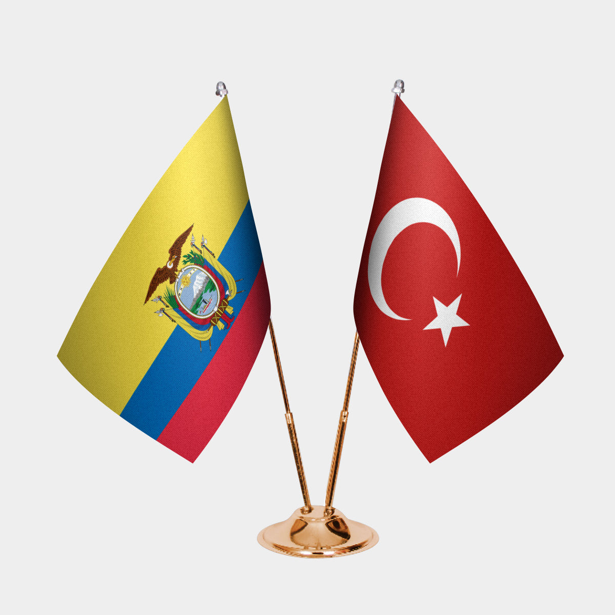 Ecuador and Turkey desk flag set with gold pole and base