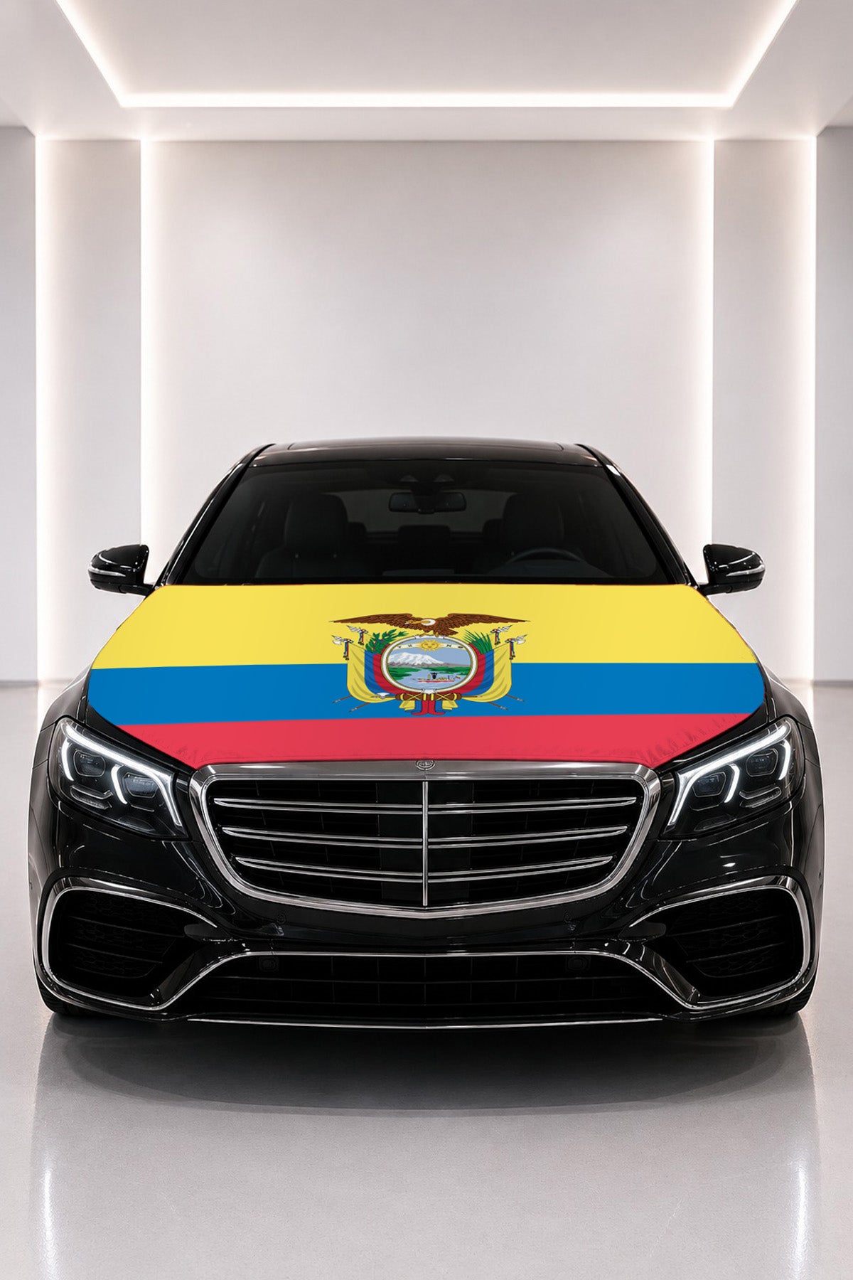 Ecuador flag car hood cover fitted on a black car bonnet