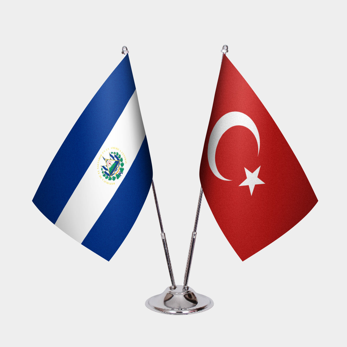 El Salvador and Turkey desk flag set with chrome pole and base