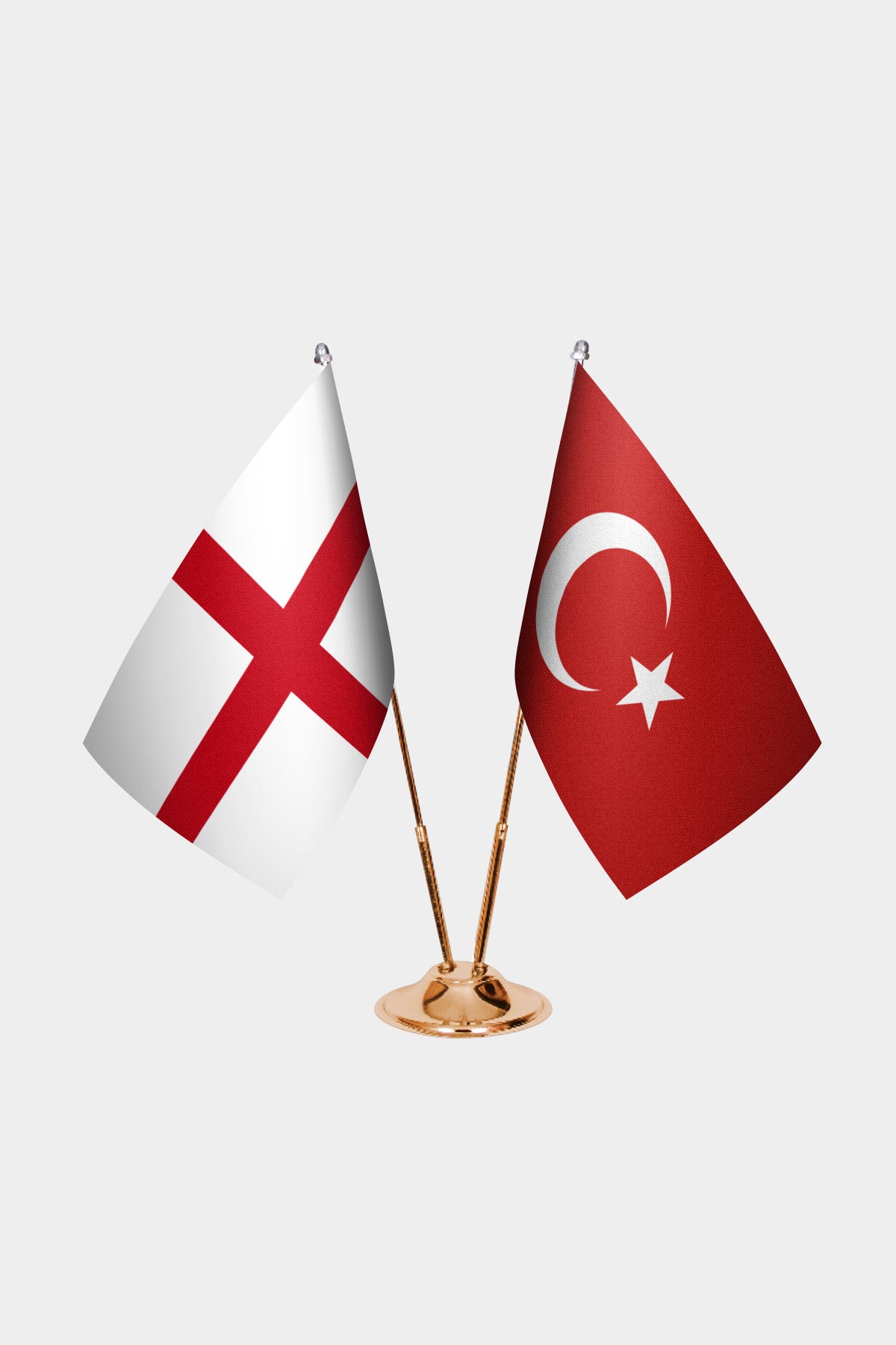 England and Turkey desk flag set with gold pole and base