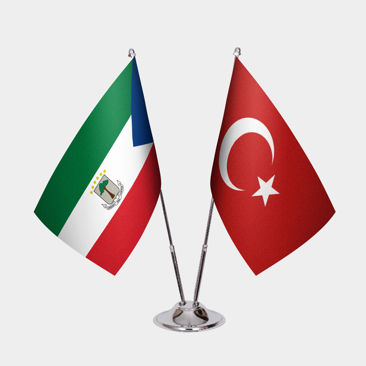 Equatorial Guinea and Turkey desk flag set with chrome pole and base