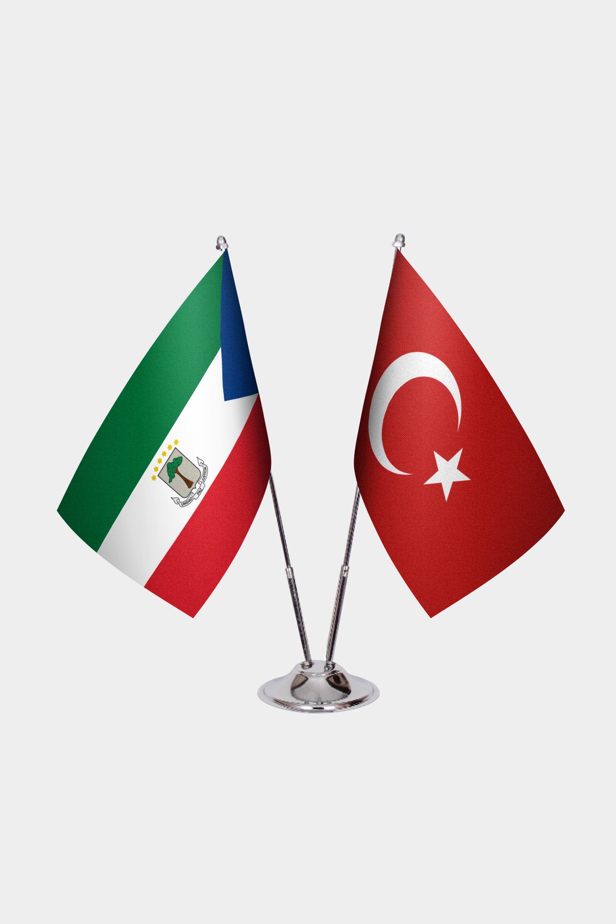 Equatorial Guinea and Turkey desk flag set with chrome pole and base