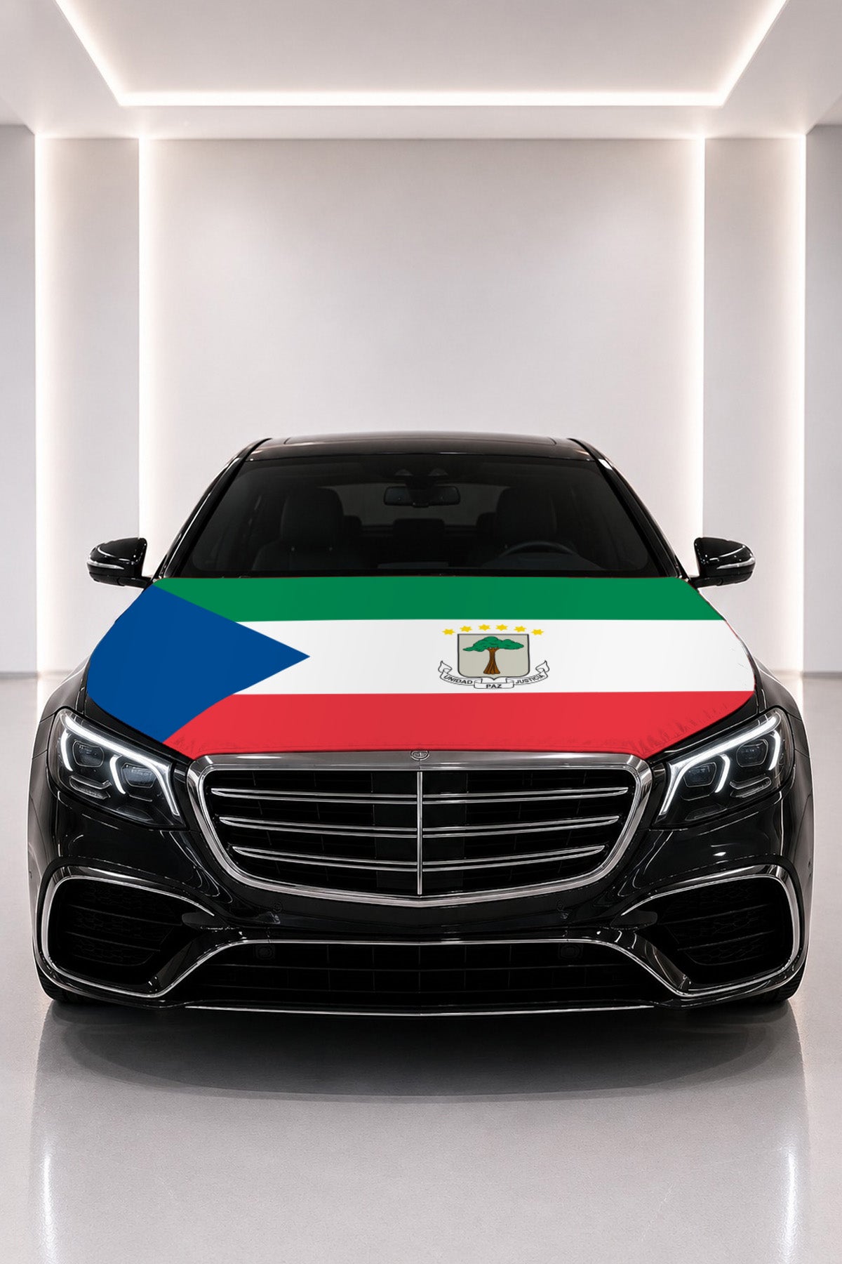 Equatorial Guinea flag car hood cover fitted on a black car bonnet