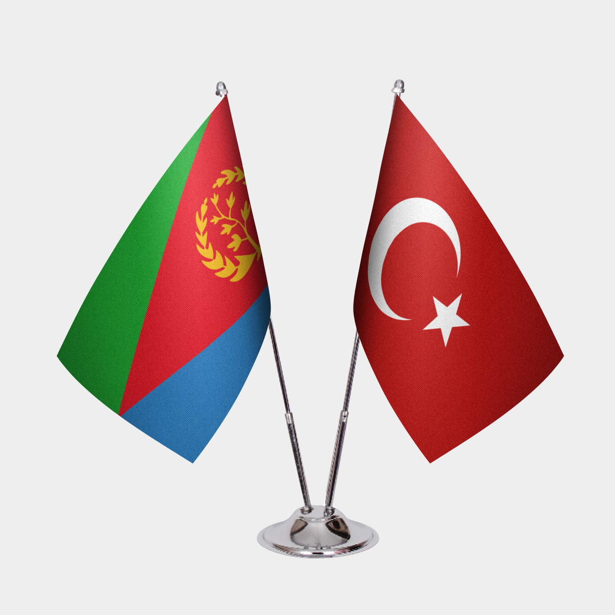 Eritrea and Turkey desk flag set with chrome pole and base