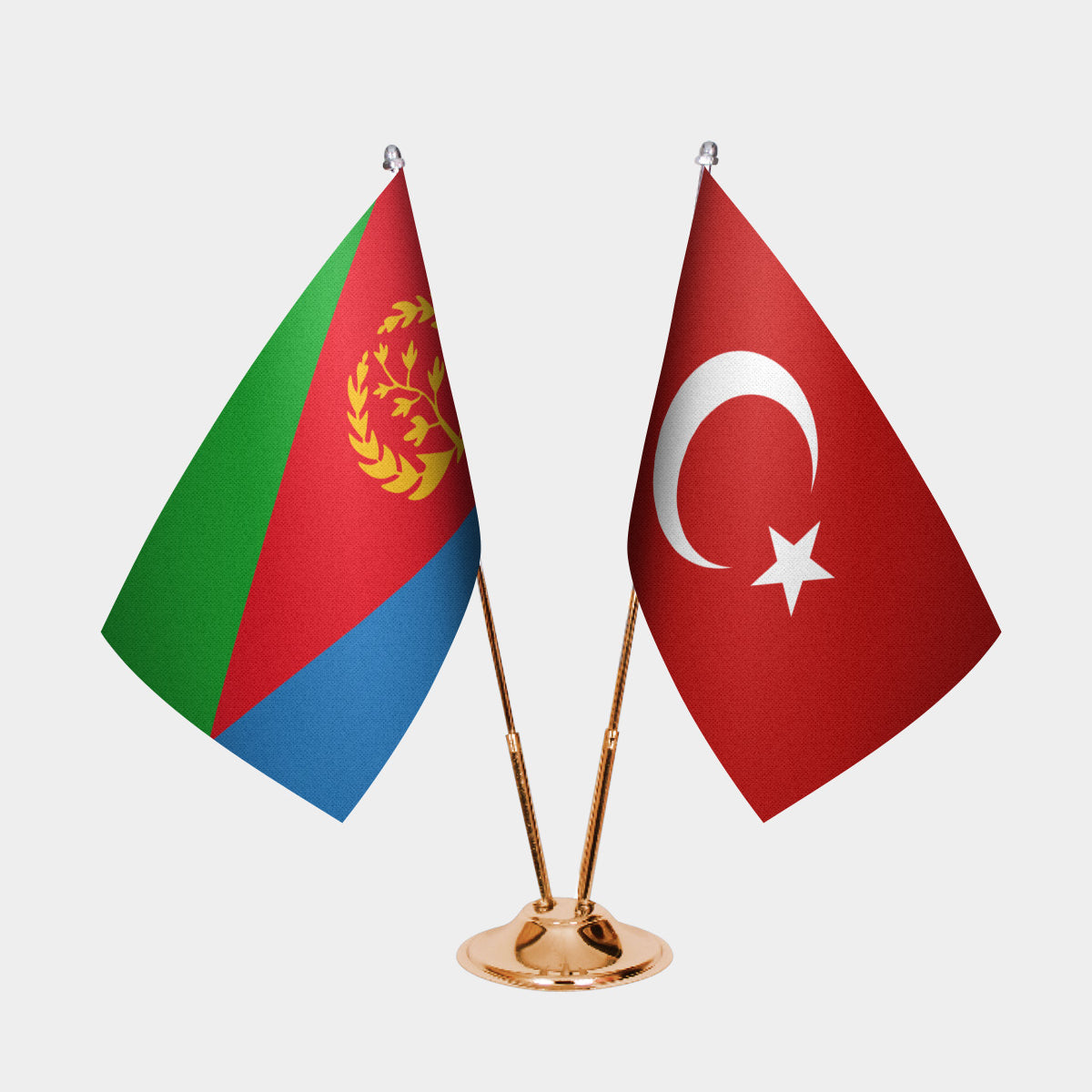 Eritrea and Turkey desk flag set with gold pole and base