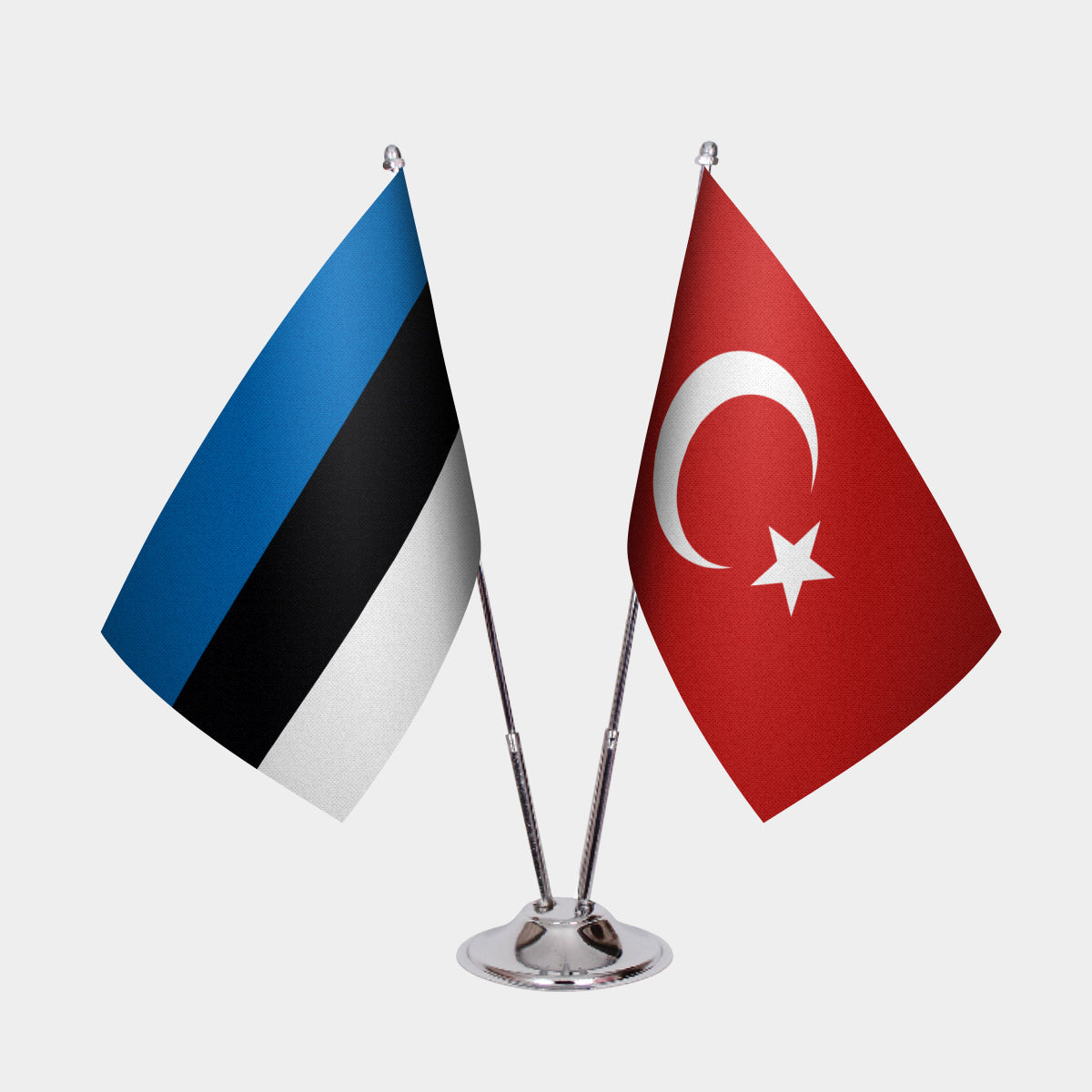 Estonia and Turkey desk flag set with chrome pole and base