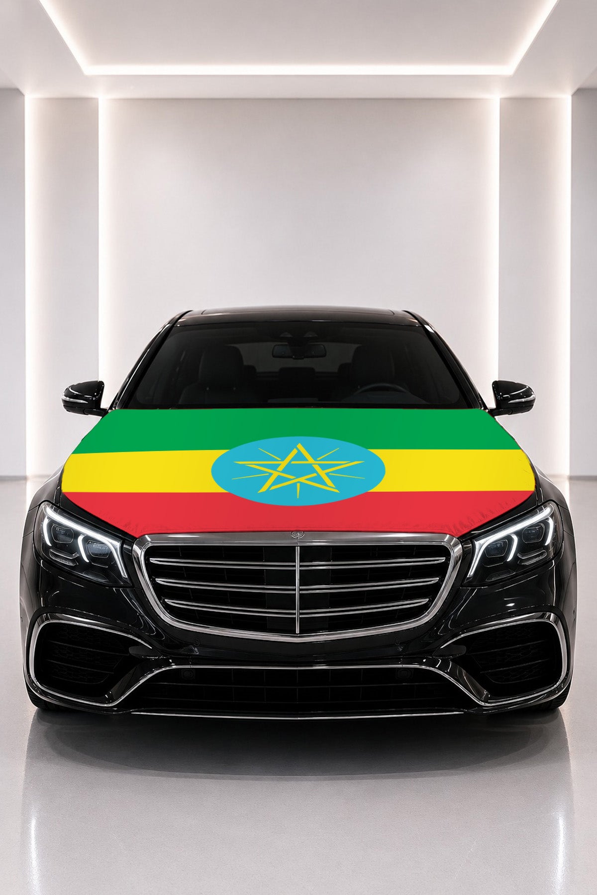 Ethiopia flag car hood cover fitted on a black car bonnet