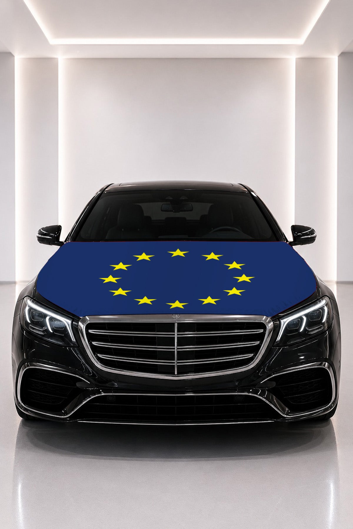 European Union flag car hood cover fitted on a black car bonnet