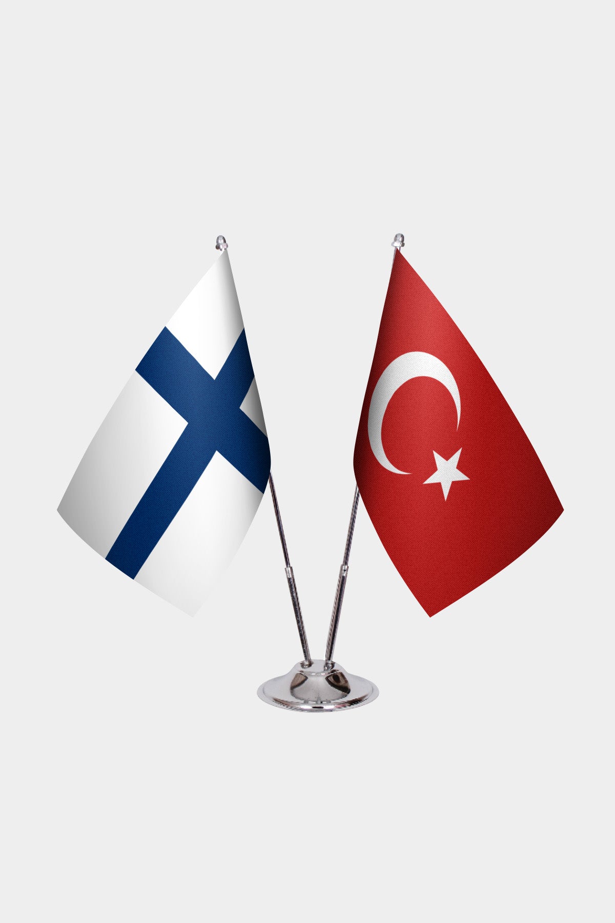Finland and Turkey desk flag set with chrome pole and base