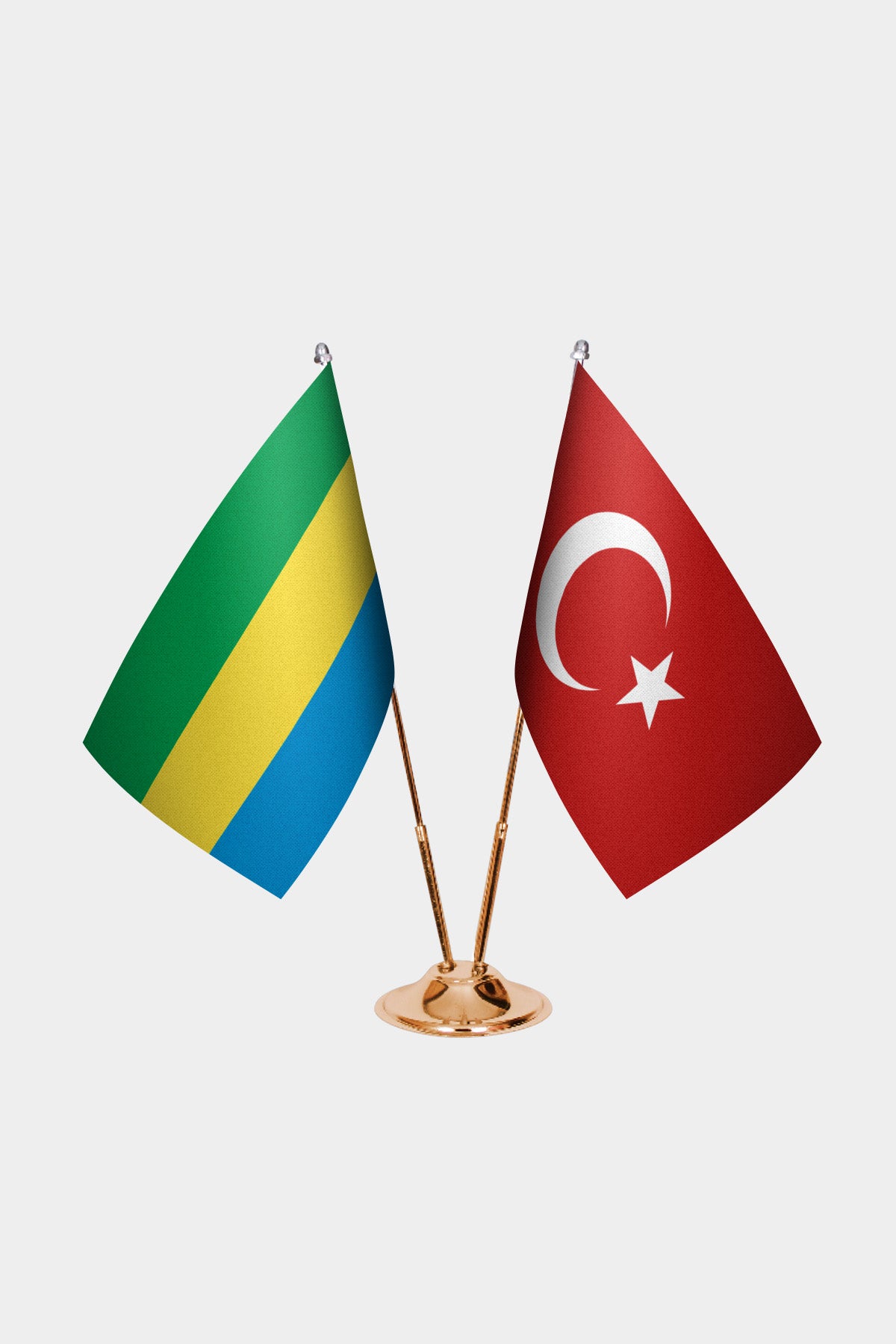 Gabon and Turkey desk flag set with gold pole and base