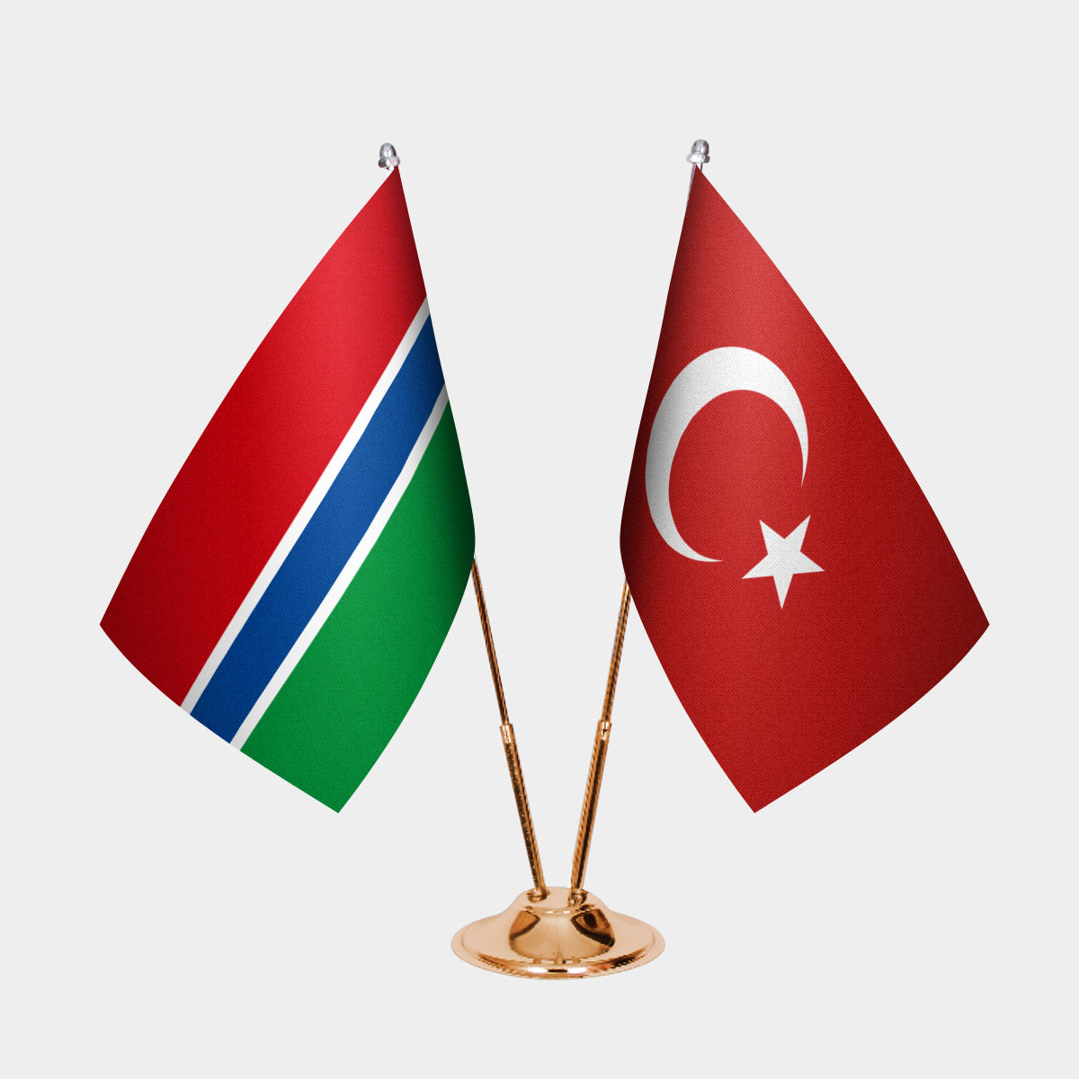 Gambia and Turkey desk flag set with gold pole and base